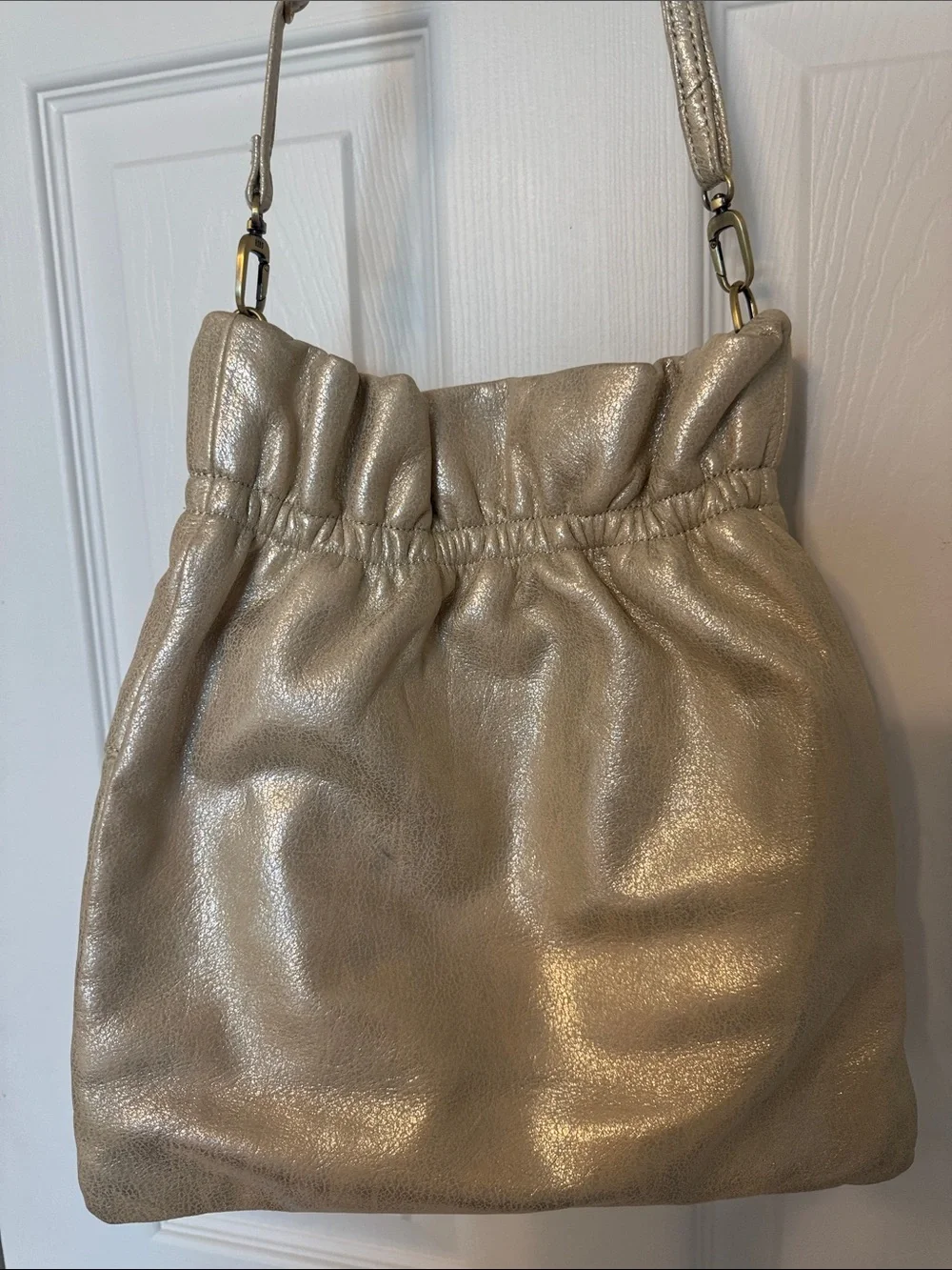 HOBO Metallic Gold Leather Drawstring Crossbody Bag + Dust Bag